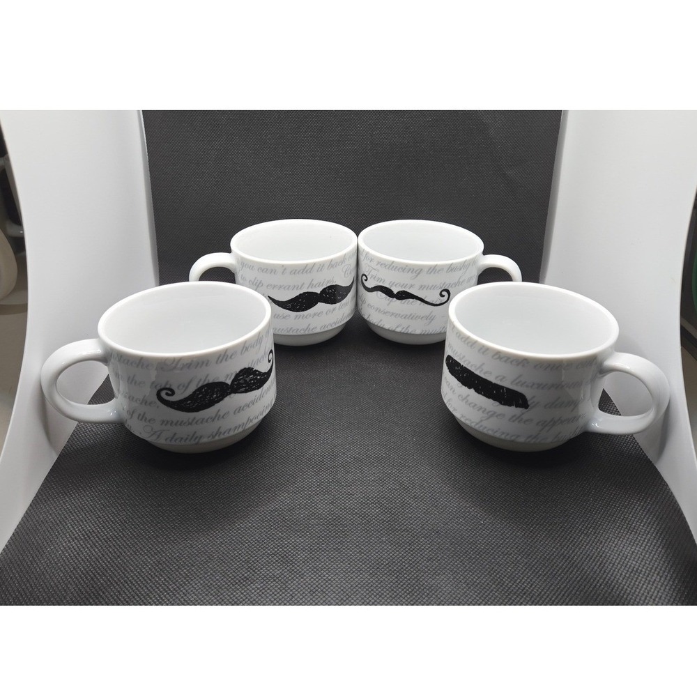 Set of 4 Pier 1 Mustache Ceramic Coffee Mugs White Black Handlebar Chevron Mugs